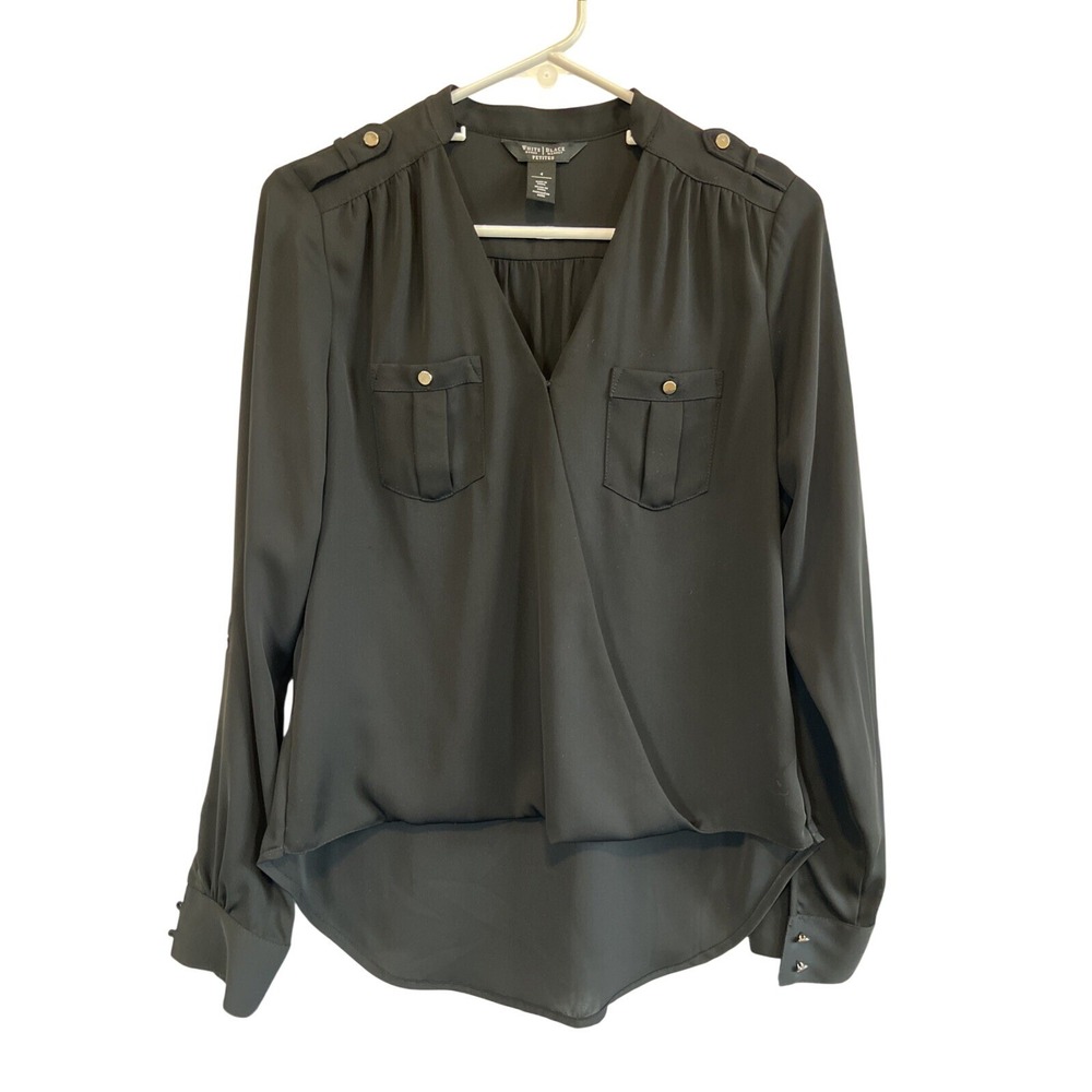 White House Black Market Black Surplice Wrap Blouse Roll Tab Sleeve Petite 4‎